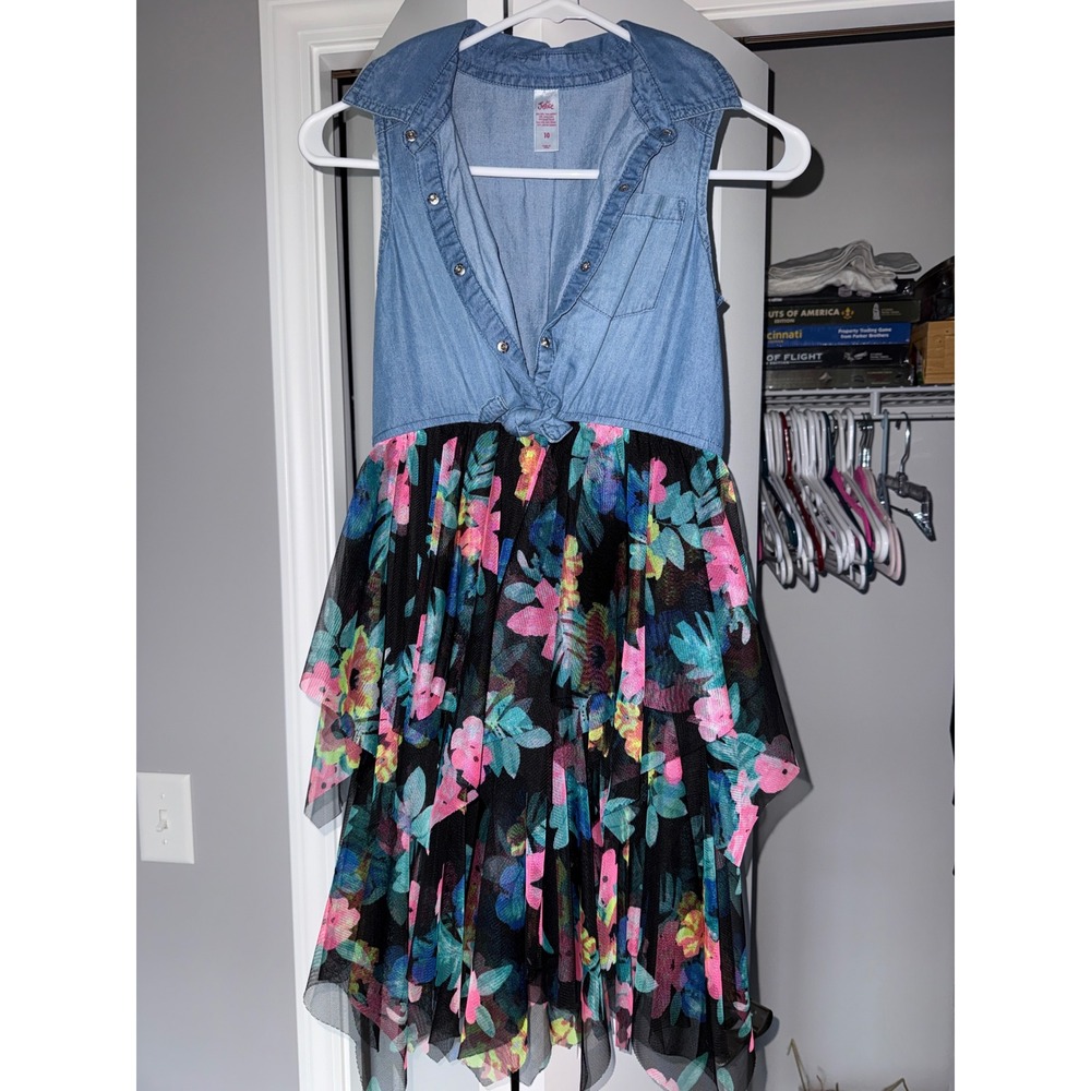 Justice Girls Size 10 Denim and Floral Tulle Tiered Mixed Media Tie Front Dress